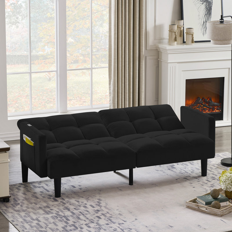 Velvet Futon Couch Convertible, Noir