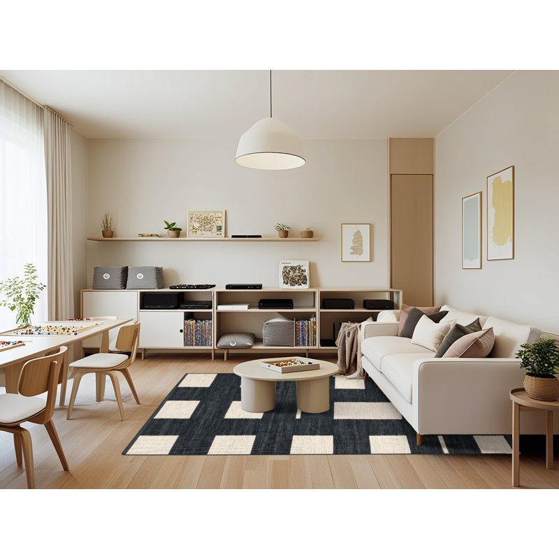 Tapis damier noir lavable à la machine, Rectangle 7 pi x 9 pi