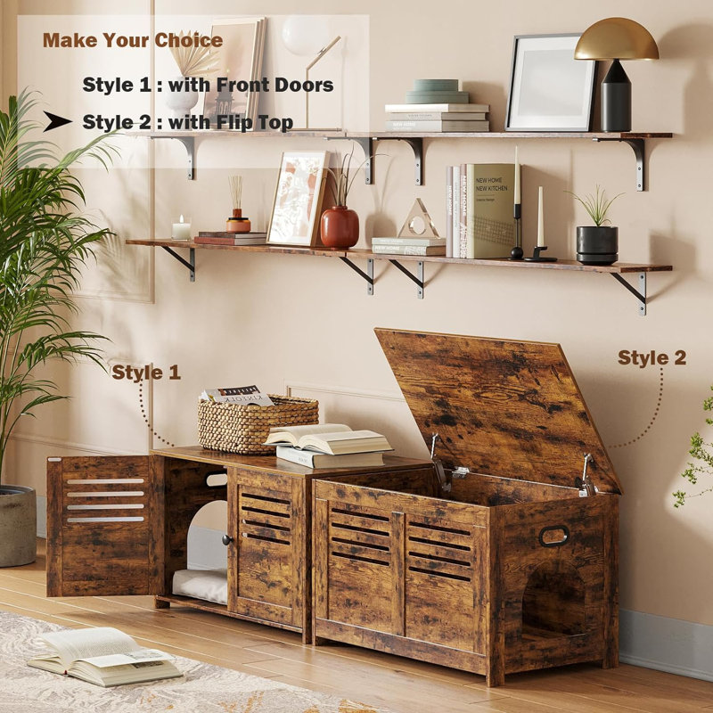 Rustic Brown Wooden Cat Litter Box Enclosure Cabinet