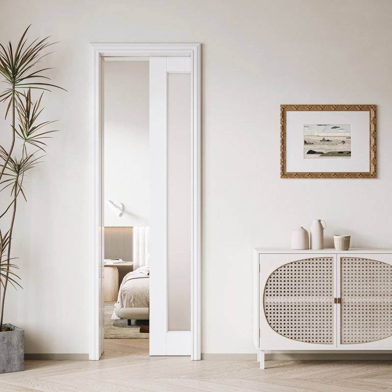 Frosted Glass 1-Lite Sliding Pocket Door White Standard Door with Hardware Kit Set, 28" x 80"