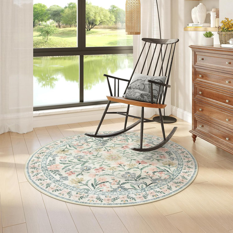 Round Washable Rug, Soft Floral Round Rugs  Circle Carpets For Bedroom Ultra-Thin, Boho Beige Print Distressed Circular Carpet For Living Room Dorm Bedside