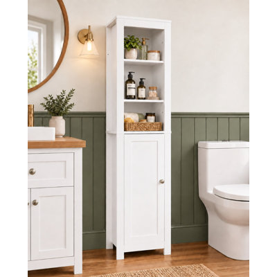 66" Tall Bathroom Storage Cabinet, Farmhouse Narrow Linen Tower with 3 Open Shelves, Adjustable Shelf & Cabinet Door for Small Spaces