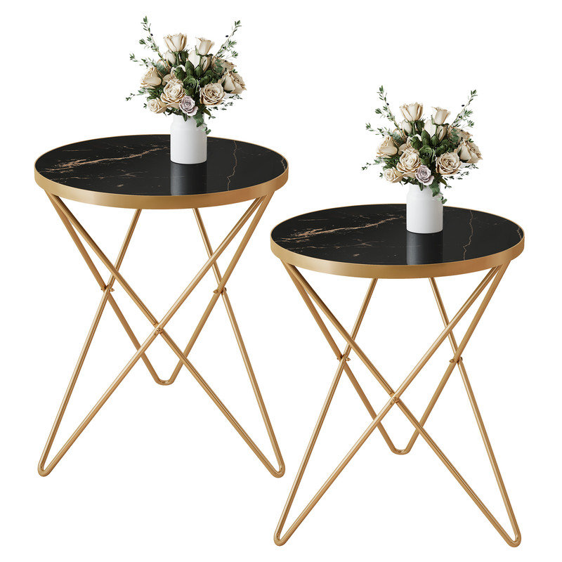 Modern Faux Marble Top Round End Table For Living Room, Bedroom, or Office, Black