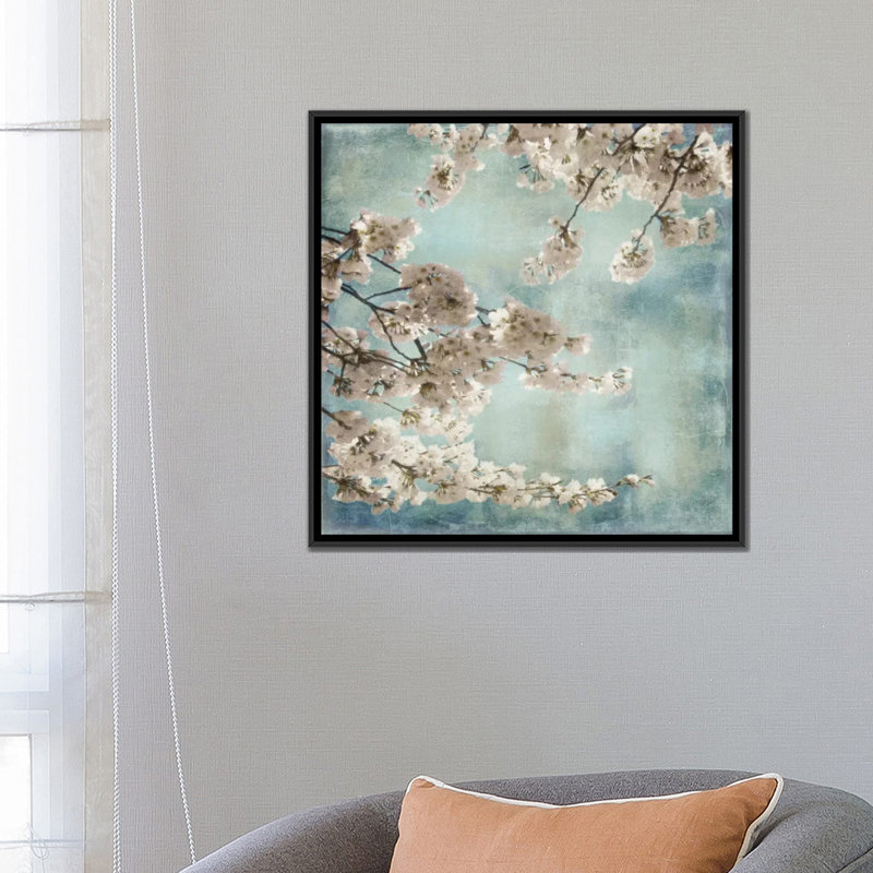«Aqua Blossoms II», reproduction d'art sur toile, H 26 po x l 26 po x P 1,5 po, Toile avec cadre noir, Pas de tapis