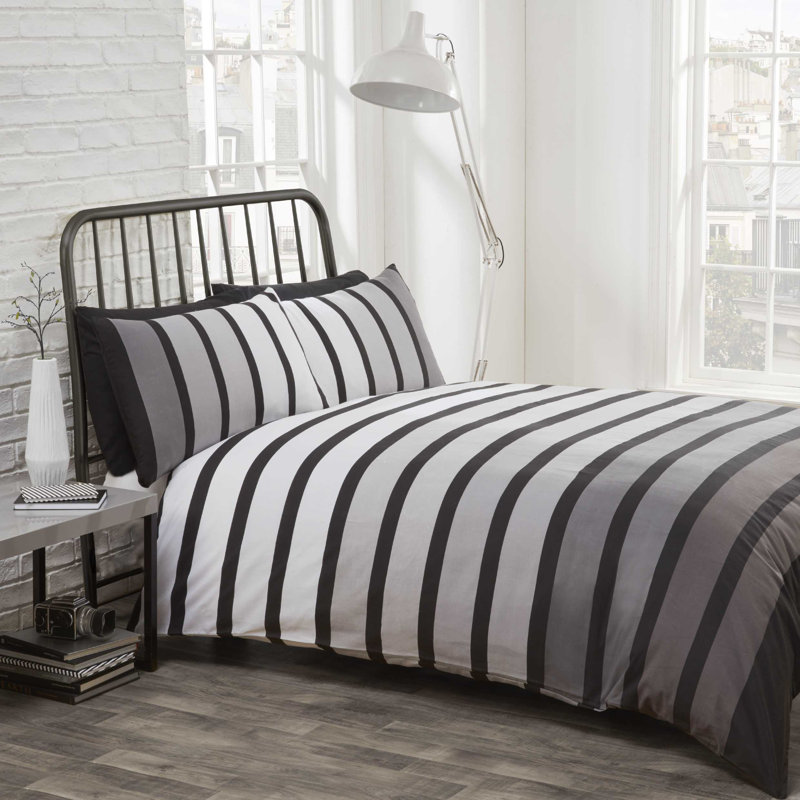 Striped Duvet Cover with Pillowcases Included, Black, Kingsize Duvet Cover + 2 Standard Pillowcases