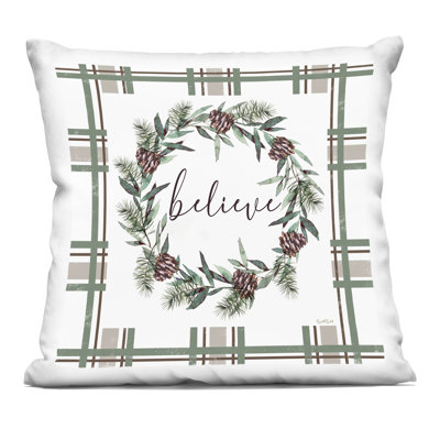 Believe Wreath on Green Plaid Decorative Printed Throw Pillow design by Elizabeth Tyndall