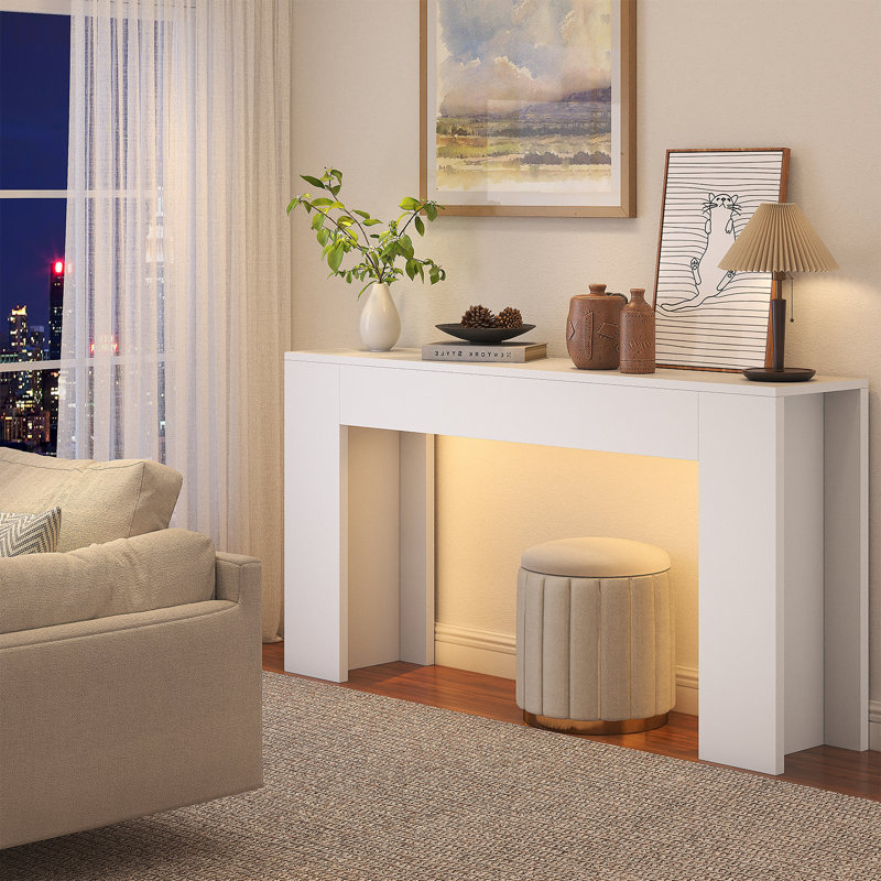 63-inch Long Console Table With Led Light, Farmhouse Sofa Table Behind Couch, Wooden Console Table For Entryway Hallway Entrance Living Room, White