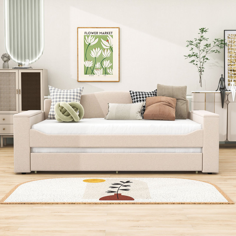 Vaelin Upholstered Daybed with Trundle, Beige, Twin