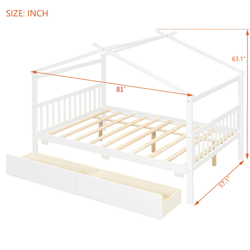 Lit double en bois blanc avec tiroirs, construction solide, toit en ciel, espace de rangement, 2 têtes de lit pour structure en pin robuste, vêtements créatifs,