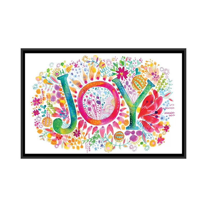 « oh joy », impression sur toile tendue, H 18 po x l 26 po x P 1,5 po, Toile avec cadre flottant noir, Pas de tapis