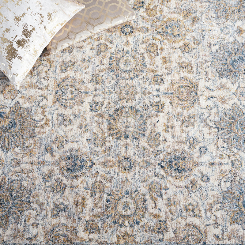 Ivory and Blue Hand-knotted Synthetic Area Rug, 4' x 6'2"