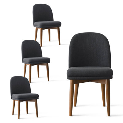 Black Linen Upholstered Dining Chairs with Solid Wood Legs