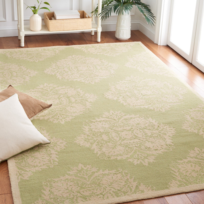 Tapis vert en laine à motif floral crocheté à la main Hollander, Rectangle 8 pi x 10 pi