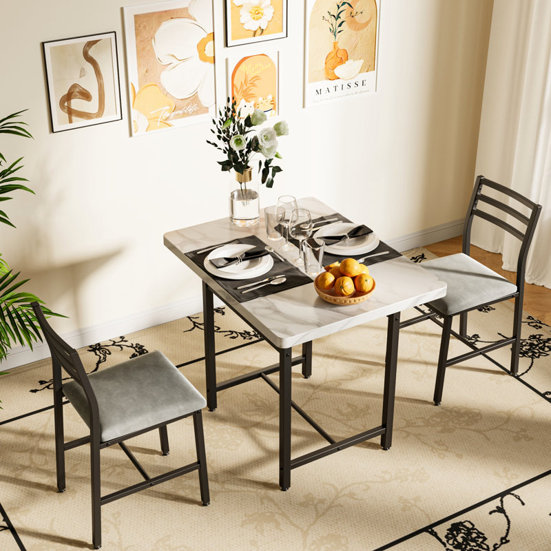 3-Piece Dining Table Set With Faux Marble Tabletop, Under-The Table Storage And Cushioned Chairs For Small Space, Minimalist Dining Set For Kitchen, Home Bar And Patio