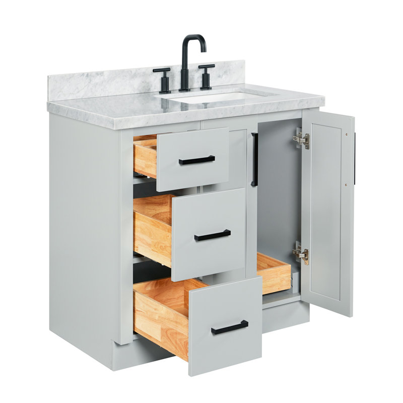 Meuble-lavabo rectangulaire simple de 94 cm (37 pouces) décalé vers la droite, avec comptoir en marbre blanc de Carrare de 3,8 cm (1,5 pouce) d'épaisseur et finition grise.