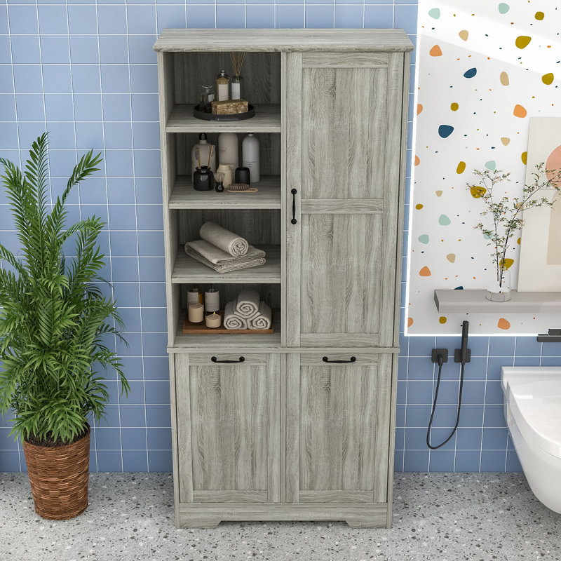 Élégante armoire de rangement haute avec beaucoup d'espace de rangement, fabrication en panneau de fibres à densité moyenne durable