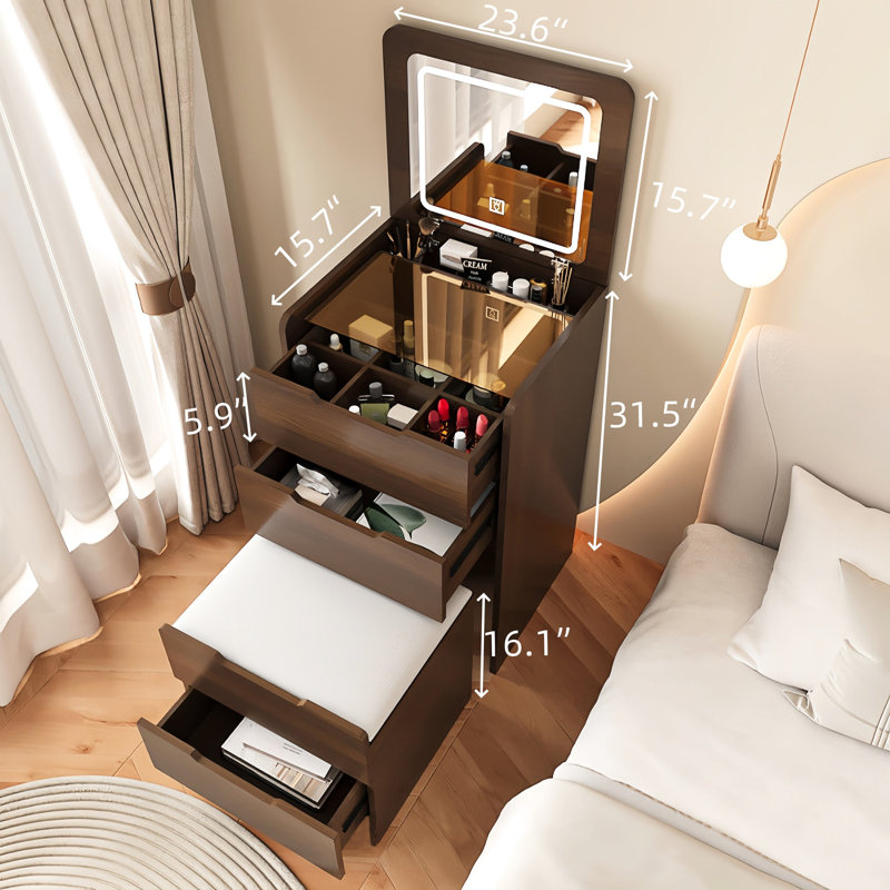 Coiffeuse en noyer avec un design élégant et un grand espace de rangement pour les cosmétiques, Noyer