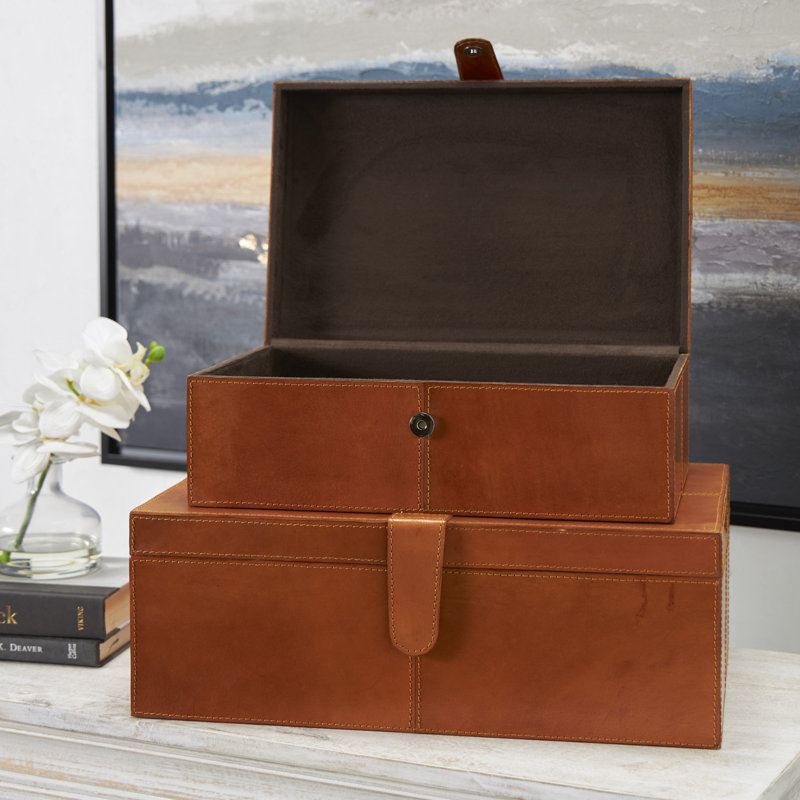Brownsburg 2 Piece Handmade Faux Leather Decorative Box Set, Cognac Brown, 6.05" H x 12.15" W x 17.05" L