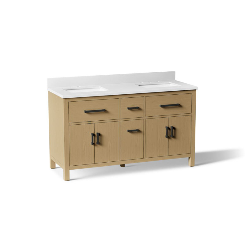 Kresla 60 In. Bathroom Vanity Cabinet With Sinks And Quartz Top, Light Oak, 60", Matte Black