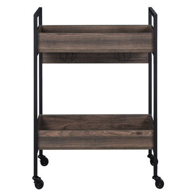 Chariot de service en noyer et noir, 2 tablettes, porte-gobelet, surface lisse, chariot de service rectangulaire de salle à manger, fabrication stable