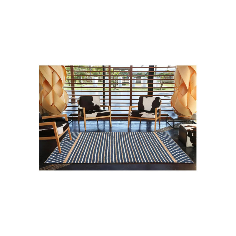 Tapis décoratif moderne à rayures géométriques bleu marine et beige, Rond 5 pi