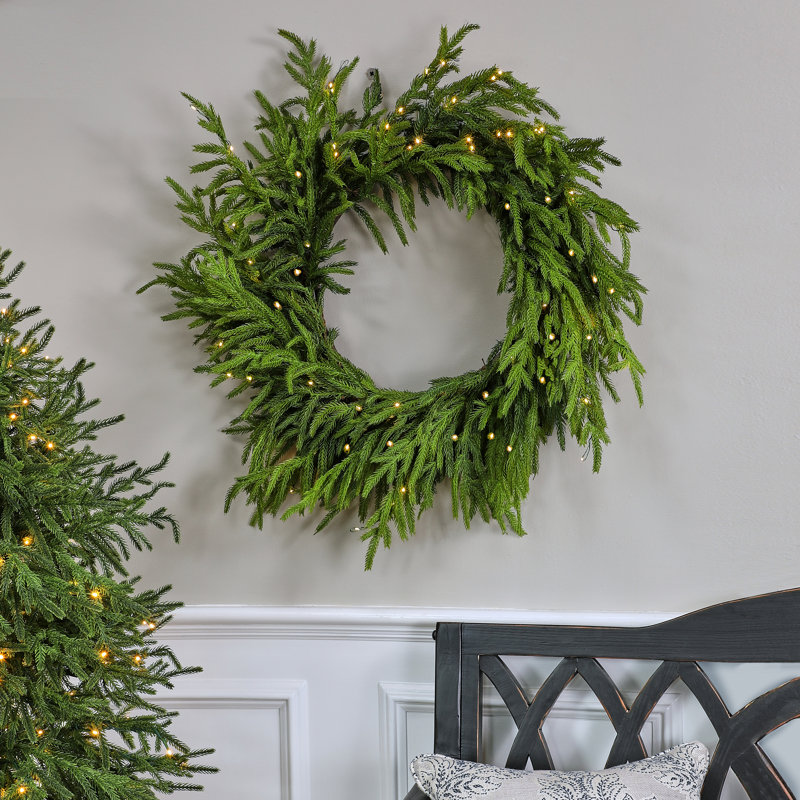 24" LED Battery Operated Timer Natural Touch Norfolk Pine Wreath