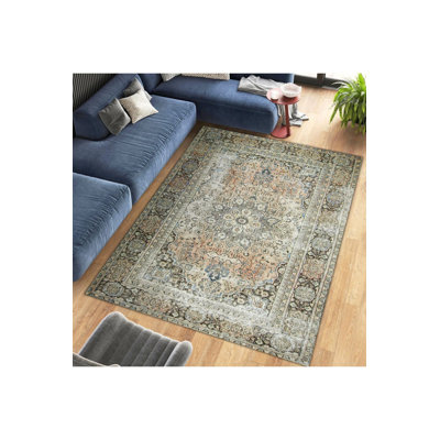 Tapis gris lavable à motif traditionnel et motif floral gris