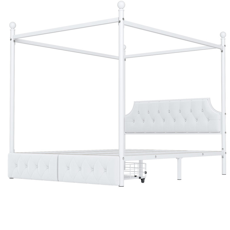 Metal Canopy Bed Queen With Upholstered Headboard And Two Storage Areas, White Platform Size 2 Compartment Units,