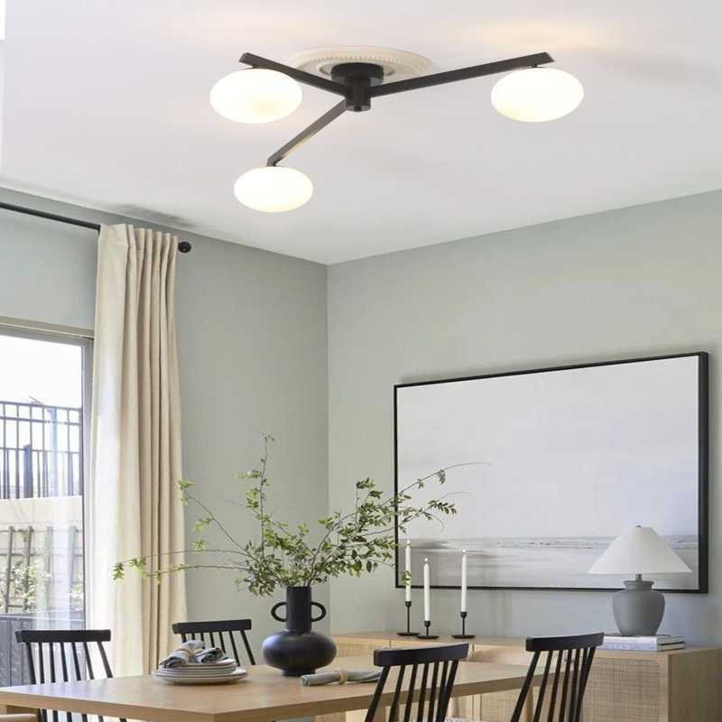 3 Lights 55inch Modern Flush Mount Ceiling Fixture Glass Shades G9 LED Bulbs Included, Matte Black