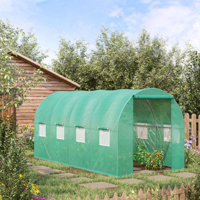 15' X 7' X 6.5'Tunnel Hoop Greenhouse,Green House With Polyethylene PE Cover,Steel Frame,Roll-Up Zipper Door & Windows