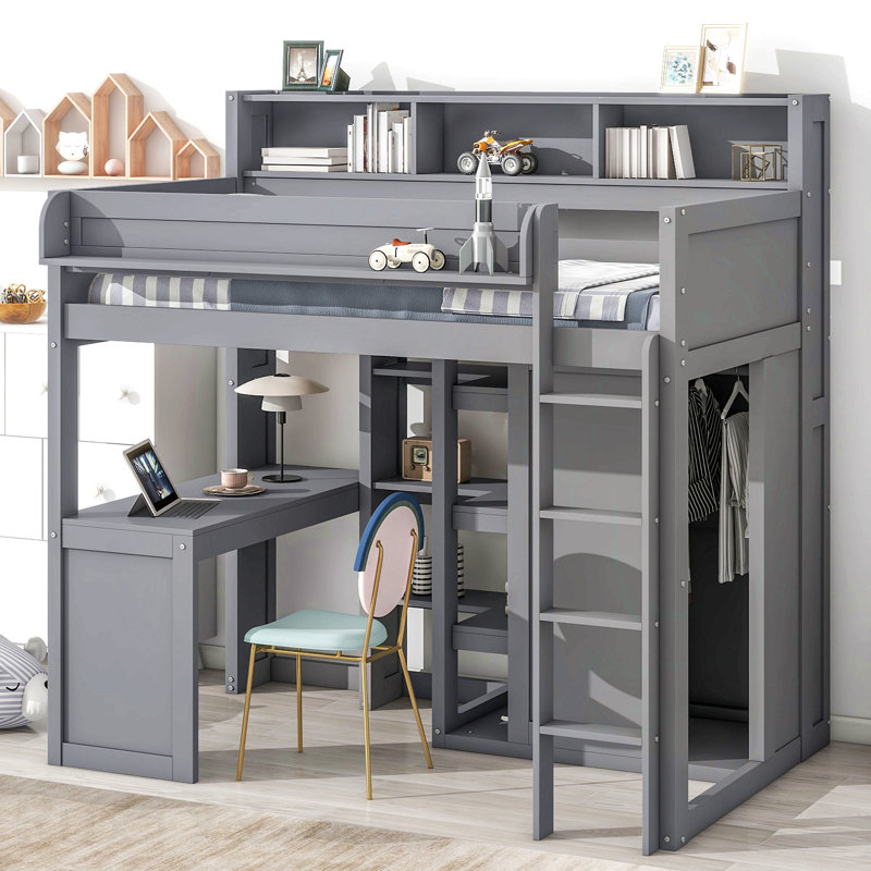 Lit mezzanine simple en bois avec plusieurs tablettes de rangement et garde-robe, gris, Grey