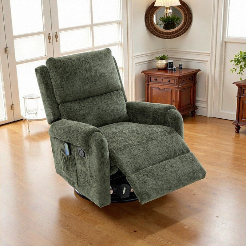 Chenille Upholstery Manual Massage Recliner Chair With Swivel Rocker Adjustable Positions Side Pocket, Green