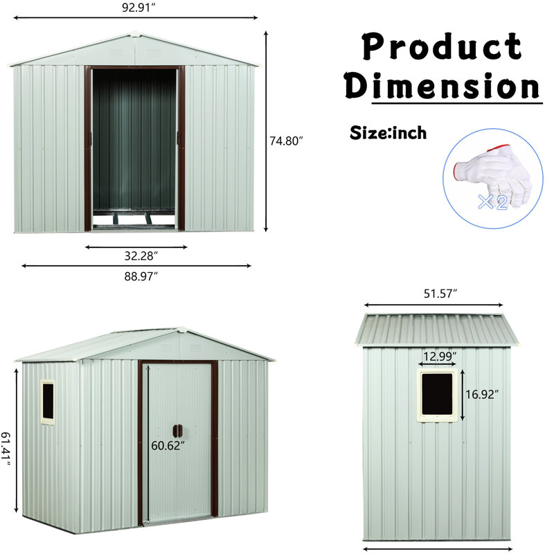 8Ft X 4Ft Outdoor Metal Storage Unit, White - Galvanized Steel Structure, Airy Punched Vents, Sliding Doors, Padlock, Simple Assembly Steps Building Frame, Doors With Effortless Installation