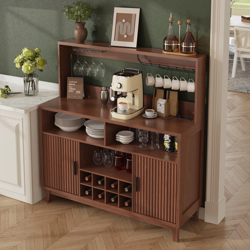 47.2" W Home Bar Furniture With Removable Wine Rack, Glass Holder, Walnut