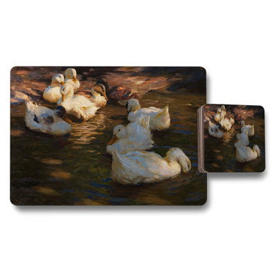 Duck Pond Impressionist Placemat And Coaster Set With White Ducks