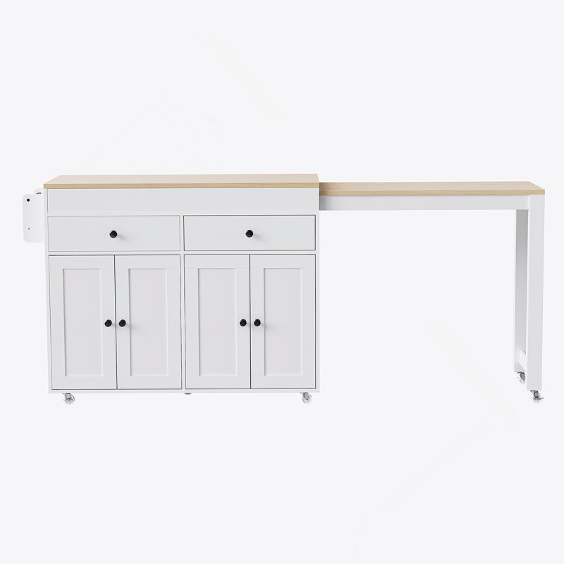 74.5 Inch Extendable Dining Table Kitchen Island With Wheels, Spice Rack, 2 Drawers, And 4 Door Cabinet For Versatile Storage And Functionality