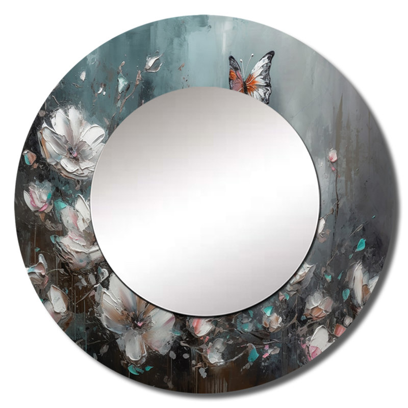 Kalmin Flowers With Butterflies, peinture II - miroir floral, miroir mural rond traditionnel traditionnel, impression d'art en métal
