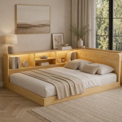 Cadre de lit Montessori en forme de L avec rangement latéral, station de recharge intégrée et lumière DEL pour enfants