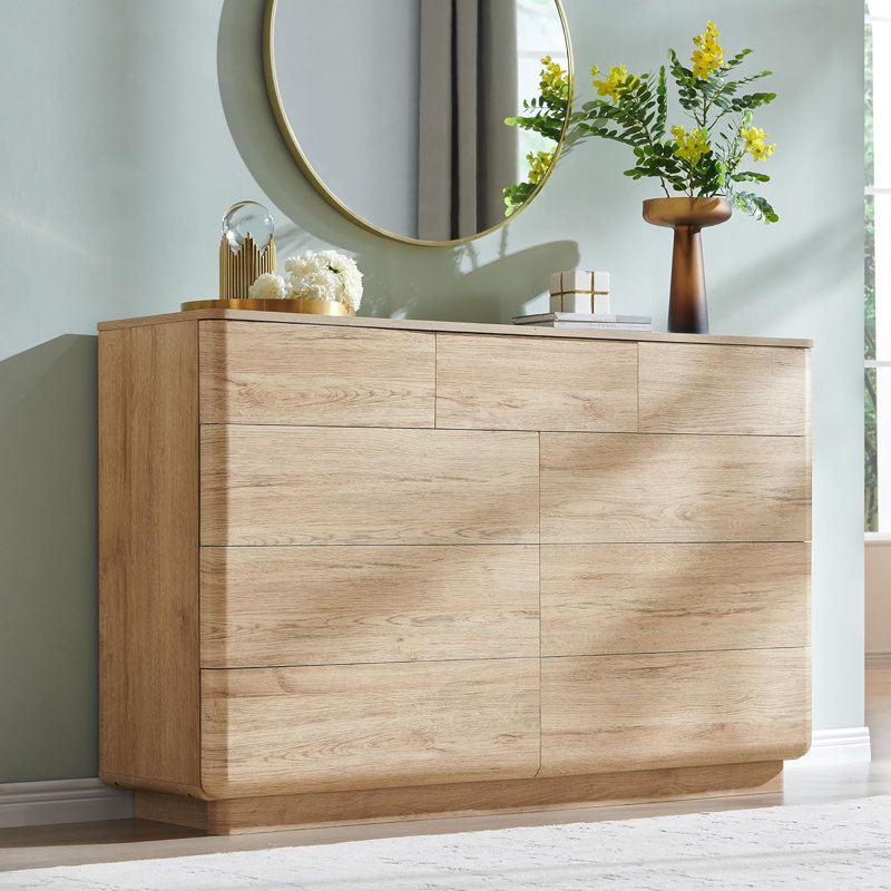 52" W Modern 9 Drawers Dresser, Dressers & Chest Of Drawers W/curved Profile Design, Natural Oak