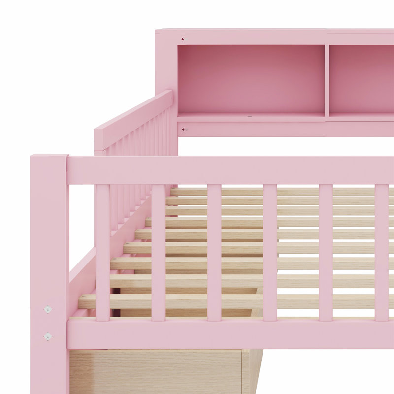 Lit avec support de tête de lit, deux tiroirs sous le lit, trois barrières de sécurité pour plus de sécurité, Rose