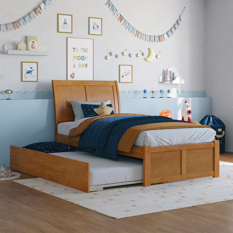 Portland Solid Wood Platform Bed with Panel Footboard and Trundle, Twin, Light Toffee