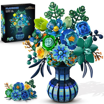 Peacock Flower Botanical Building Set with Vase, 1309 PCS DIY Floral Arrangement, Artificial Plant Home Decor Gift for Her