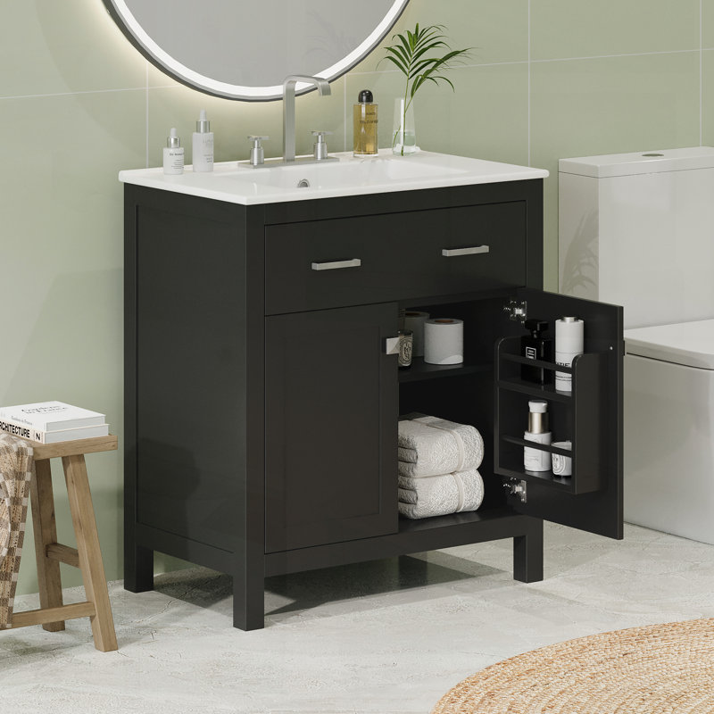 Meuble-lavabo moderne de 30 po avec lavabo en céramique, portes à fermeture douce et rangement polyvalent pour espaces compacts