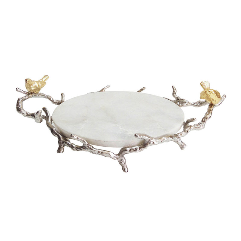 Plateau décoratif Vada, disque en marbre, branches en argent et oiseaux, 17 po