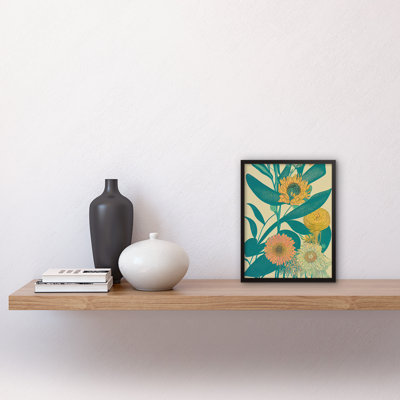 Marigold Daisy Flowers Turquoise Leaves - Single Picture Frame Print