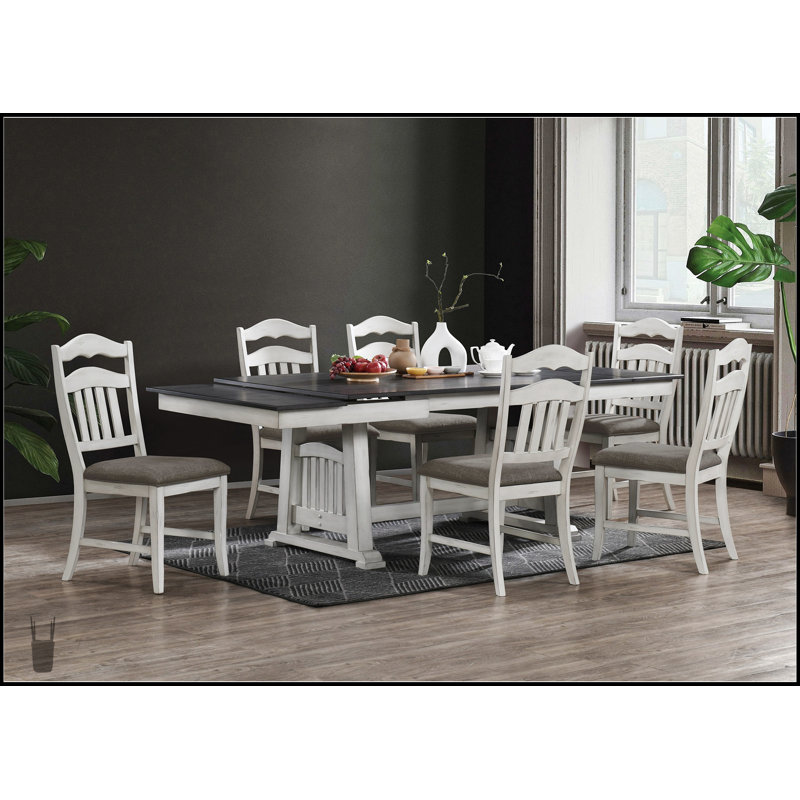 Ensemble de salle à manger extensible blanc antique 7 pièces avec chaises à dossier échelle, parfait pour les intérieurs classiques et modernes