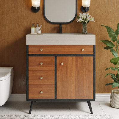 Meuble-lavabo de salle de bain moderne Mid-Century avec lavabo en céramique, plateau en pierre frittée et rangement à fermeture en douceur