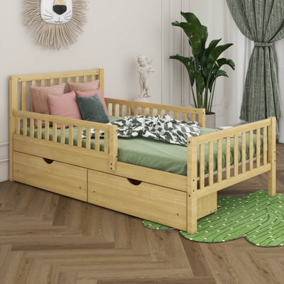 Lit plateforme en bois avec deux tiroirs de rangement et deux garde-corps latéraux