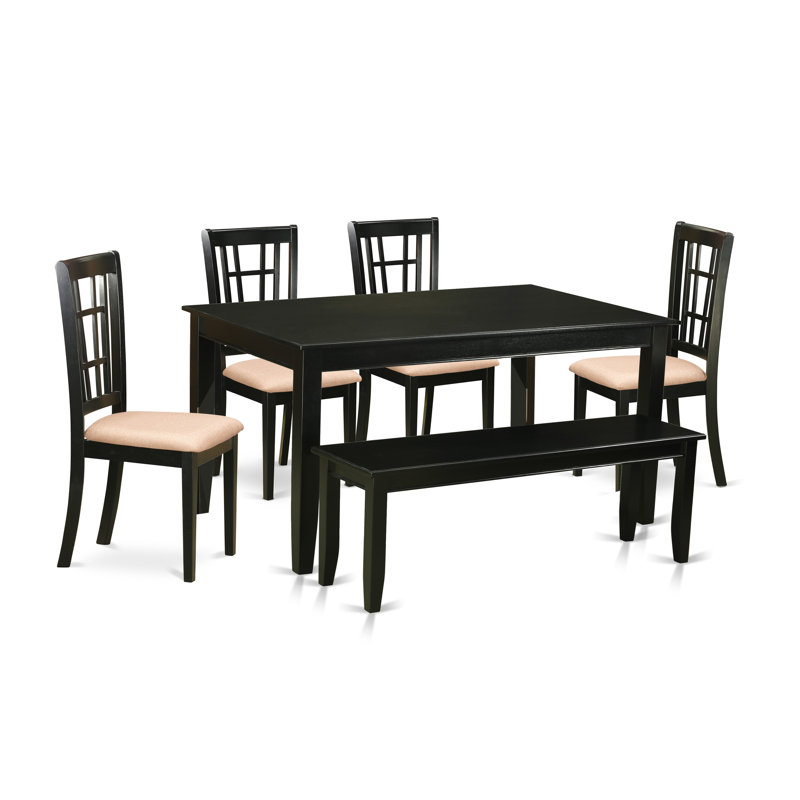 Ensemble de table de cuisine 6 pièces comprenant une table rectangulaire en bois et 4 chaises de salle à manger en lin avec banc, noir