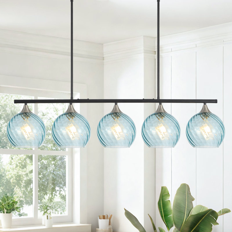 Luminaire suspendu linéaire pour îlot de cuisine 5 lumières avec abat-jour spirale en verre 43 po Levona